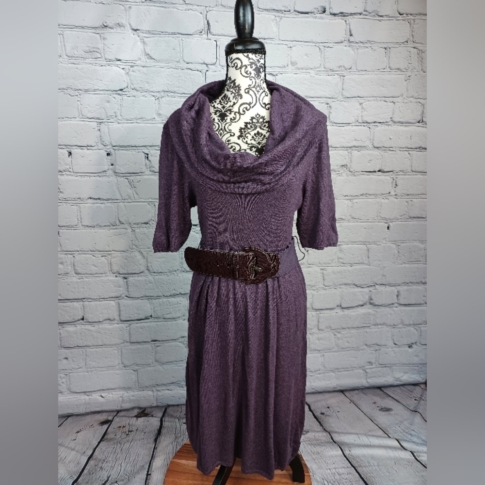 East 5th women's short sleeve cowl neck belted stretch sweater dress sz L b9